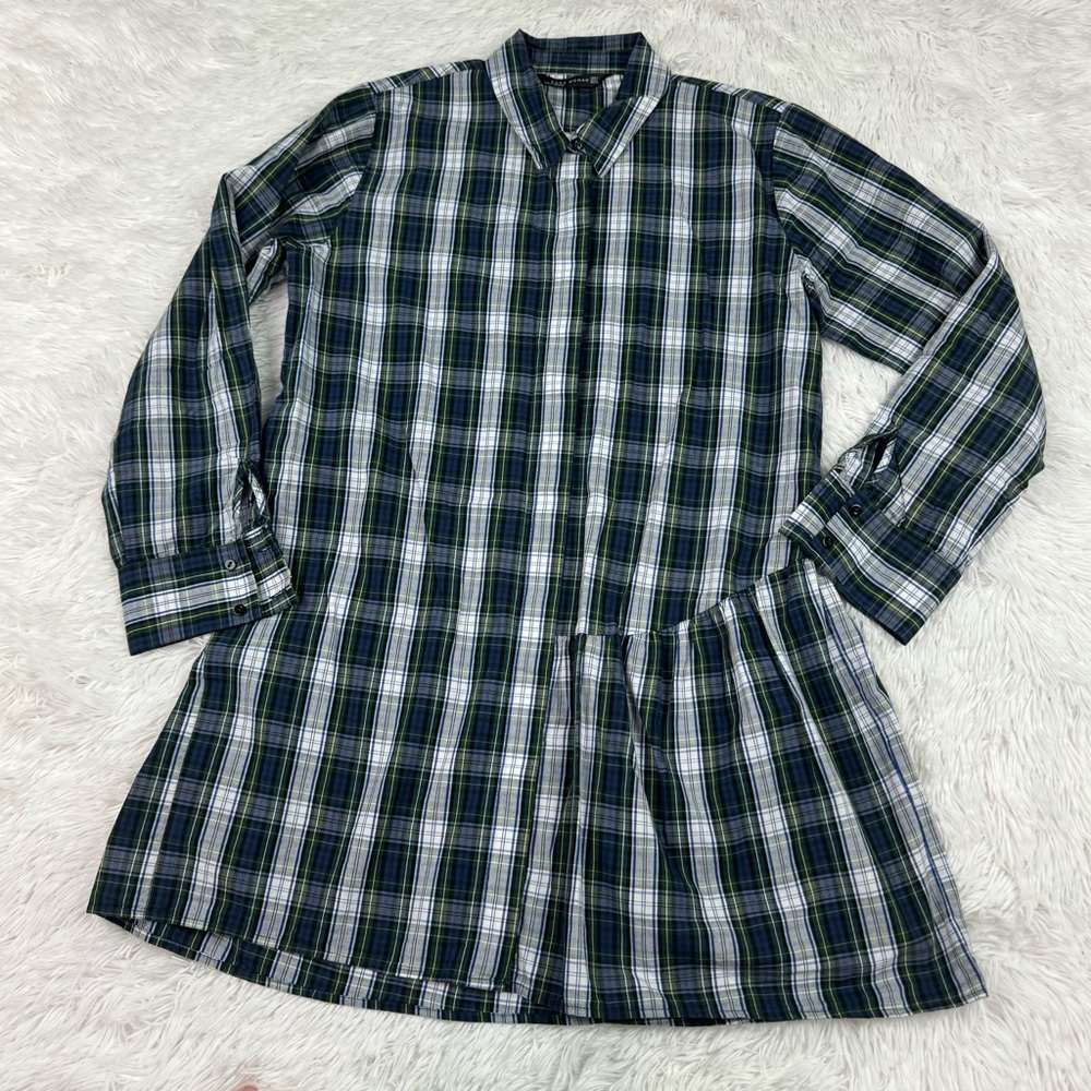 Zara long sleeve plaid button‎ front shirt dress ruffle skirt cotton